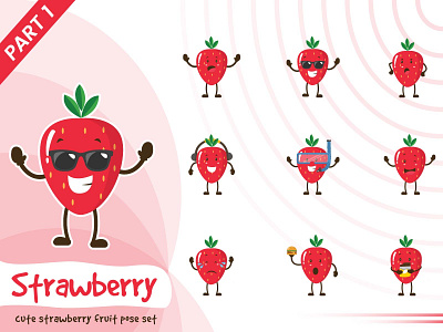 Illustration Of Cute Strawberry Fruit Set cartoon character cute design fruit funtoons illustration pose tiny vector
