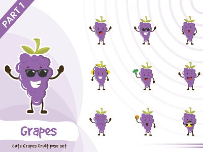 Illustration Of Cute Grapes Fruit Set cartoon character design fruit funtoons grapes illustration pose set tiny vector