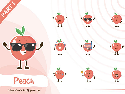 Illustration of cute peach fruit set cartoon character cute design fruit funtoons illustration peach pose tiny vector