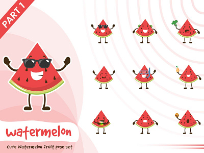 Illustration of cute watermelon fruit set cartoon character cute design fruit funtoons pose set slice vector watermelon