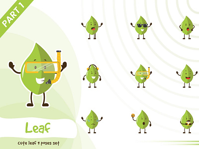 Illustration of cute leaf set cartoon character design funtoons green illustration leaf pose set tiny vector