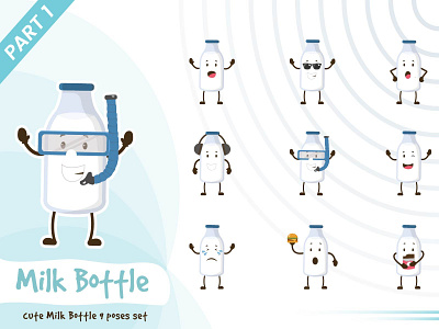Illustration of cute milk bottle set cartoon character cute design funtoons illustration milk bottle pose set tiny vector