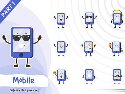Illustration of cute mobile set cartoon character cute design funtoons illustration mobile phone pose set tiny vector