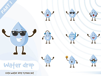 Illustration of cute water drop set blue cartoon character cute design funtoons illustration pose vector water drop