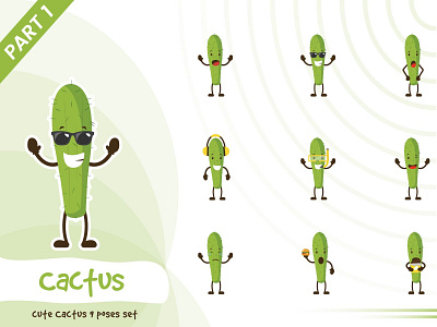 Illustration of cute cactus set cactus cartoon character cute design funtoons green illustration pose tiny vector