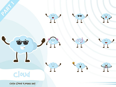 Illustration of cute cloud set cartoon character cloud cute design funtoons illustration pose tiny vector