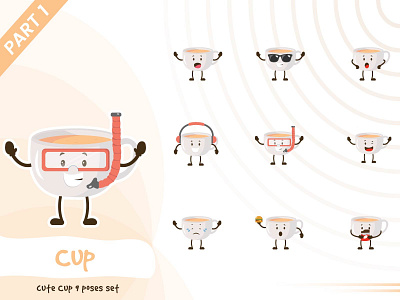 Illustration of cute cup set cartoon character cup cute design funtoons illustration pose set tiny vector