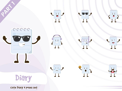 Illustration of cute diary set cartoon character cute design diary funtoons pose set tiny vector