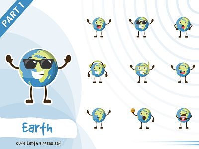 Illustration of cute earth set cartoon character cute design earth funtoons illustration pose set tiny vector