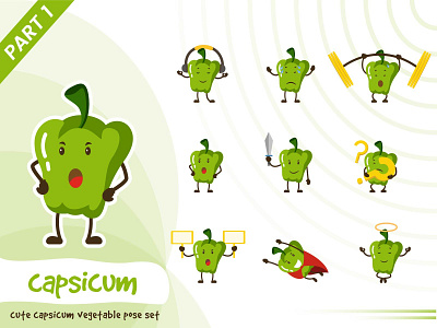 Illustration of capsicum vegetable set capsicum cartoon character cute design funtoons green pose set tiny vector