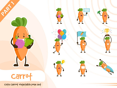 Illustration of carrot vegetable set carrot cartoon character cute design funtoons pose set tiny vector vegetable