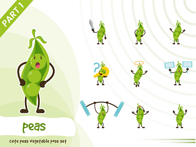 Illustration of cute peas vegetable set cartoon character cute design funtoons green peas pose set tiny vector