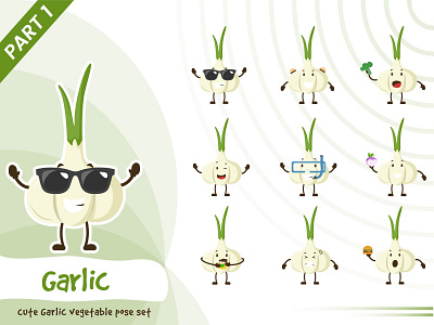 Illustration of cute garlic vegetable set cartoon character cute design funtoons garlic pose set tiny vector vegetable