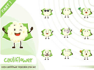 Illustration of cute cauliflower vegetable set cartoon cauliflower character cute design funtoons pose tiny vector vegetable