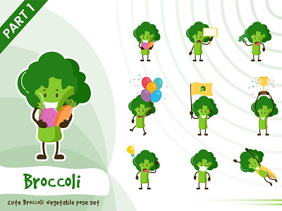Illustration of cute broccoli vegetable set broccoli cartoon character cute design funtoons green illustration pose set vegetable