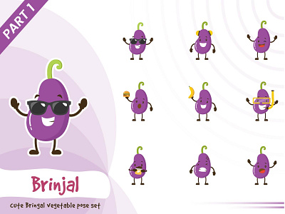 Illustration of cute brinjal vegetable set brinjal cartoon character cute design funtoons illustration pose set vector vegetable