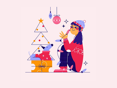 Christmas with Dog artph character design christmas christmas tree dog dogs flat design holidays pets present shapes