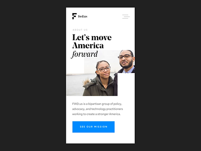 FWD.us Mobile About page with moving block interaction aboutpage animation clean moving identity principle