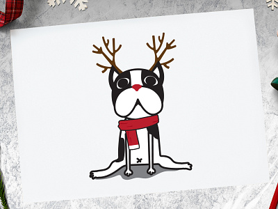 Merry Christmas Boston Terrier Dog Deer Cute Pet