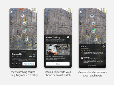 Outdoor Climbing AR Route Viewer augmented augmented reality bootcamp climbing commenting mobile ui rock climbing sport swipe up tracking ui ux