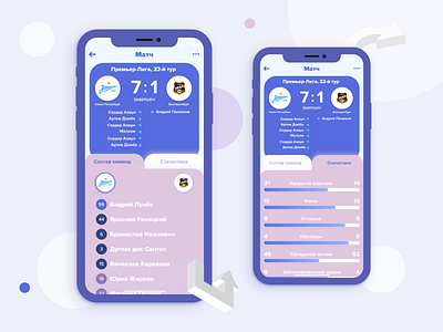 2 screens for football statistics app