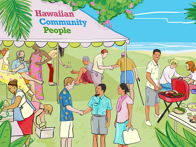 Hawaiian Community barbecue camping fair festival grill illustration paint park postcard process raising sketch