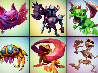 Stylized Enemies 3d 3d illustration bat creatures dragon flat shaded horse low poly monsters skeleton spider toad