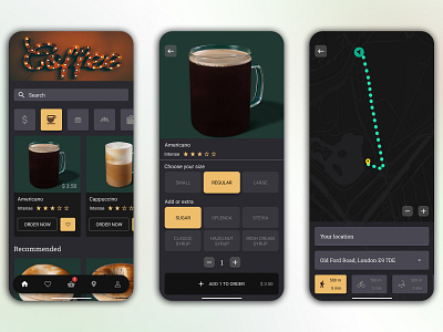 Coffee takeaway mobile app coffee coffee shop coffeeshop dark dark app dark mode dark theme dark ui in store pickup mobile mobile app mobile app design mobile design mobile ui takeaway