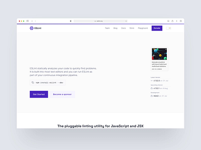 ESLint Homepage Animation animation code dev eslint github home interaction landing page lint minimal npm package purple redesign simple website