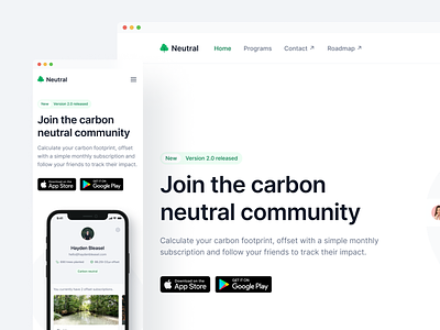 Neutral Homepage calculator carbon change climate community emissions environment green home landing page neutral offset product profile reforestation simple social trees web website