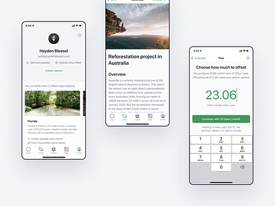 Neutral App Screens android app calculator carbon change climate community emissions environment green ios neutral offset product profile reforestation screens simple social trees