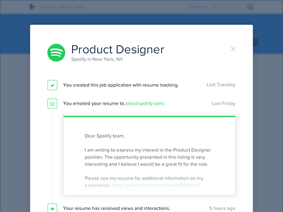 Job Application application apply blue bold credits green jobs modal presumi resume simple style