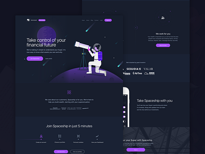 Spaceship Homepage astronaut black finance fintech hero home invest landing purple space spaceship superannuation