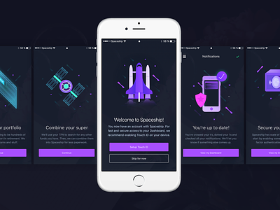 Spaceship Mobile Illustrations app finance fintech invest ios mobile purple signup space spaceship super superannuation