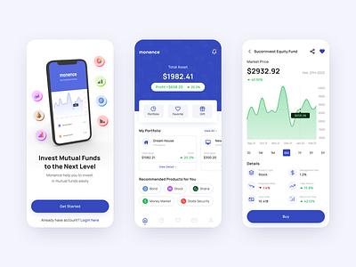 Monence | Mutual Funds Investment App app blue chart clean components design finance icon interaction design investment minimal mobile mobile design mockup money mutual funds uidesign uiux userexperience userinterface