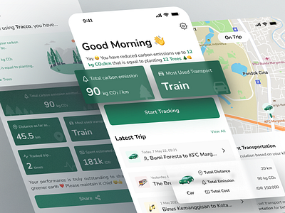 Tracco Light Mode - Track Your Transportation Carbon Emission 🚘 app design button card clean eco friendly green illustration light mode minimal mobile design shadow sustainibility tracking transportation ui uidesign uiux user experience user interface uxdesign