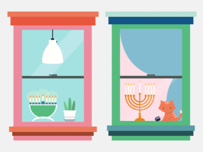 Happy Chanukah! cat chanukah december illustration jewish lights menorahs windows