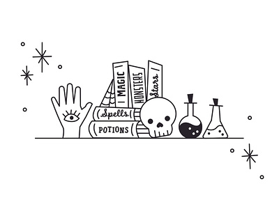 The skull, the Witch and the hand books bookshelf hand palm readings potions skull spellbooks witches