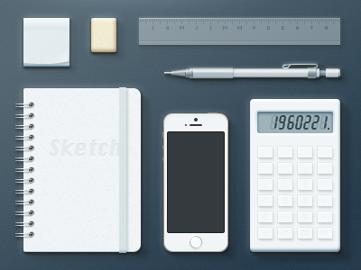 Common tools for UI/UX designers calculator common eraser iphone note pencil ruler sketchbook sticky tools