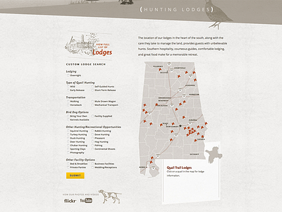 AlabamaQuailTrail.com custom map dog hunting lodge quail rental search video website wildlands wildlife