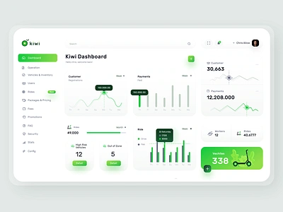 Kiwi-Dashboard branding clean creative dashboard dashboard design dashboard ui fresh green portfolio rent scooters rent scooters statistics stats ui uidesign uxdesign web design web design webdesign website