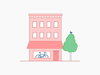 Pink building bicycle bird building illustration tree