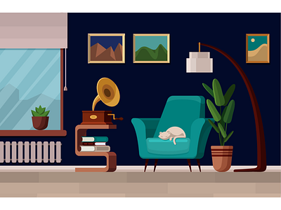 Interior illustration cat flat flat illustration illustration interior plants room vector