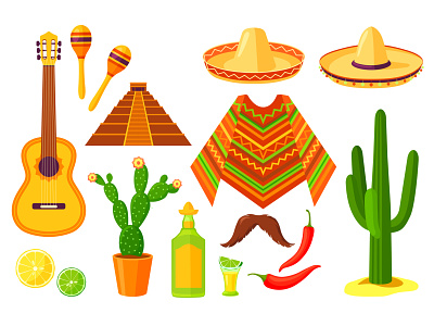 Mexican culture cactus cartoon guitar illustration maracas mexican poncho sombrero tequila vector
