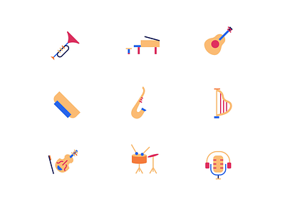 Music Icons animation drums guitar harmonica harp icons illustration instruments music piano recording sing singing sound trumpet violin voice
