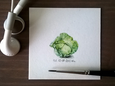 Cabbage note - 25x25 mm miniature aquarelle cabbage drawing green illustration image note painting rendering sketch vegetable watercolor