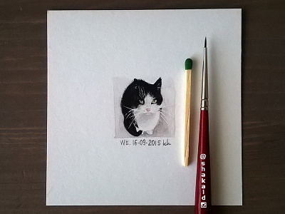 Kitty note - 25x25 mm miniature watercolor animal black cat kitty miniature painting pet realism rendering study watercolor