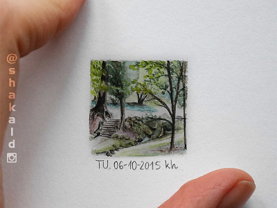 Park - 25x25 mm watercolor note aquarell autumn greenery nature note painting park sketch steps trees water watercolor