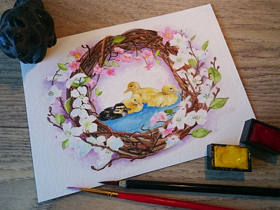 Ducks aquarell brush and ink design drawing ducks flowers fun illustration painting sketch vintage watercolor