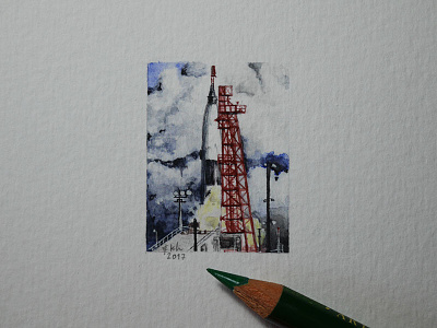 Friendship 7 aquarell painting clouds construction miniature paper rocket sketch tiny drawing watercolor illustration watercolour
